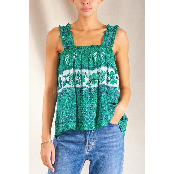 M.A.B.E. UK $146 STEVIE BLOCK PRINT RUFFLE BOHO HIPPIE TOP MADE IN INDIA  L - Picture 1 of 7